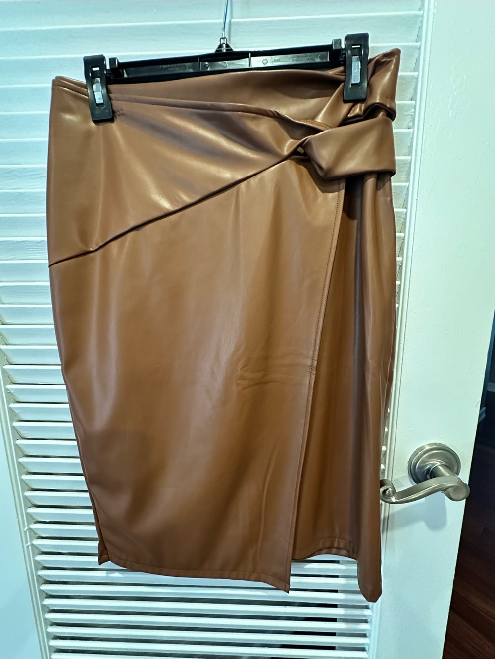 Brown Faux Leather Midi Wrap Skirt with Knot Detail
